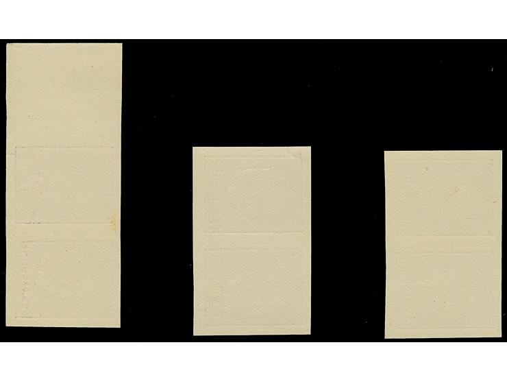 1936, Päts 5 Senti, imperforated proofs, horizontal pairs in blue, violet and brown, mint never hinged, 5 Senti brown one sta