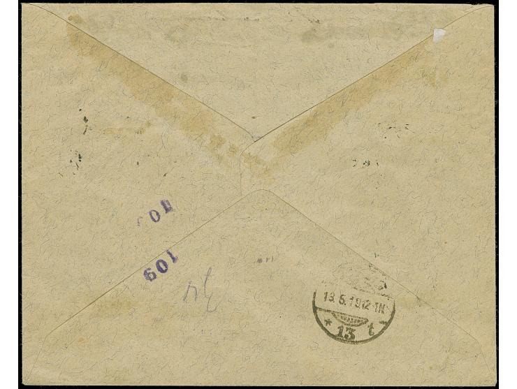 1919, 2-10 kopeks, with additional franking tied by cds. "REVAL -2 5 19" (!!) to slightly overpaid registered cover addressed