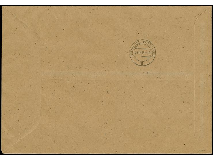 Weihnachts-Block auf dünnem Papier, mit Stempel "MEUSELWITZ (THÜR) 24.12.45" auf philatelistischem Orts-R-Brief, mit Ankunfts