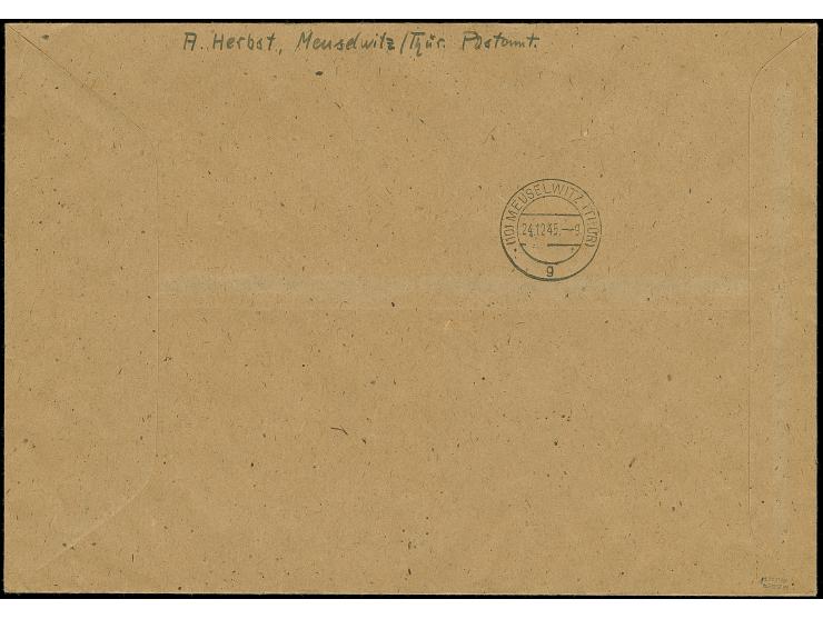 Antifa- und Weihnachtsblock auf weissem Papier, mit Stempel "MEUSELWITZ (THÜR) 24.12.45" auf philatelistischem Orts-R-Brief, 
