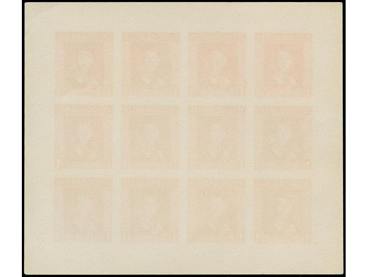 1935, King Peter II. 1 din. brown, Essay of Unaccepted Design in miniature sheet of 12, unused without gum, corner crease at 