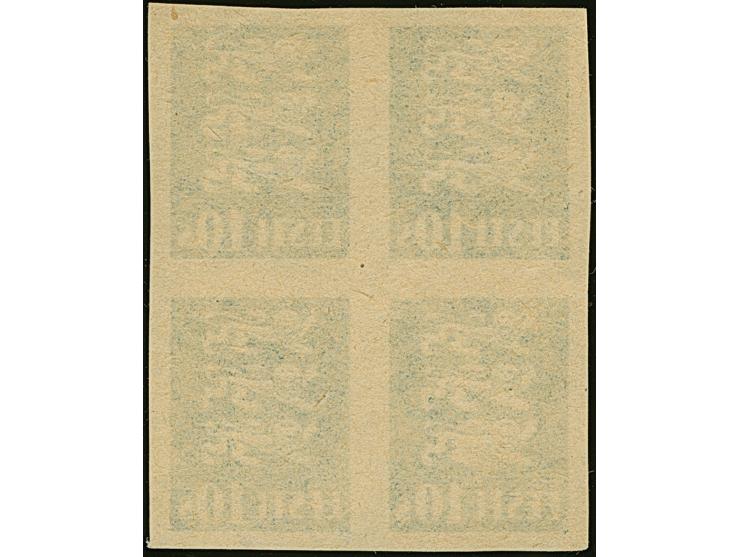 1928, Coat of Arms 10s. turqoise blue as imperforated block of four on grey yellowish paper, without gum, very fine (Hurt/Oja