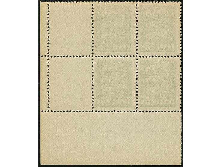 1935, Coat of arms 25 senti, block of four from the lower right sheet corner, with two stamp-sized and fully perforated blank