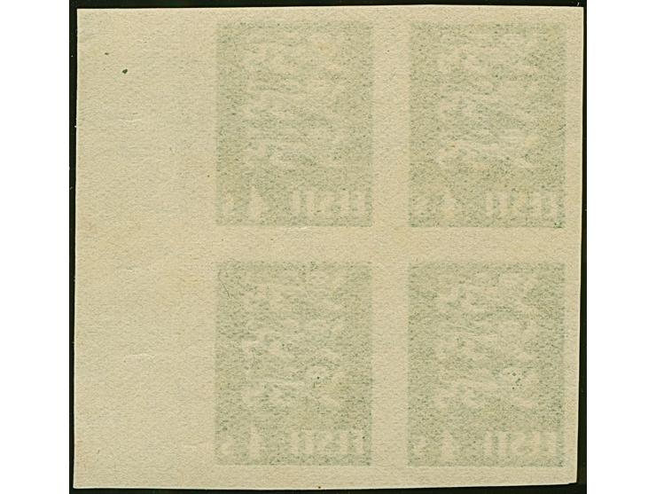 1928, Coat of Arms 4 senti green, imperforated block of four with burelage with right sheet margin, mint never hinged, very f