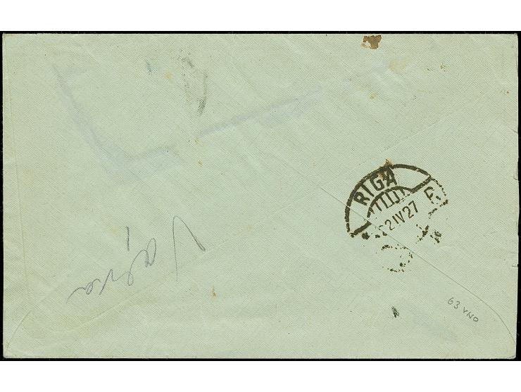 1923, Coat of arms 10 senti, Error of colour, dull pink, horizontal strip of three tied by cds. "ZEHSIS 22 4 27" to registere