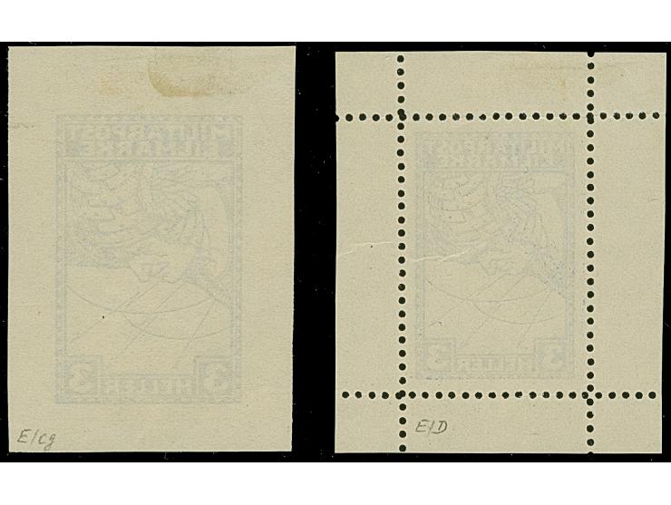 1916, Eilmarken für Drucksachen 3 H. blau, Bogenprobe gezähnt und ungezähnt, je im kleineren Blockformat auf dünnem Papier oh