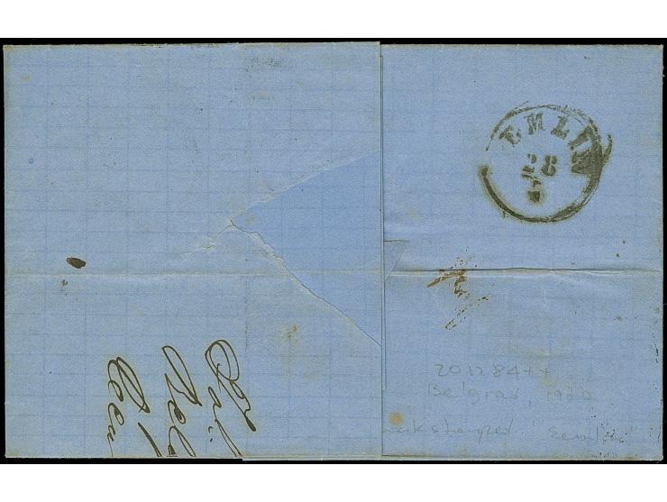 1869/70, Prince Milan IV. 20 pa. blue tied by cds. “BELGRADE 15.VII.(70) to underfranked entire letter with boxed ”AFFRAN.INS