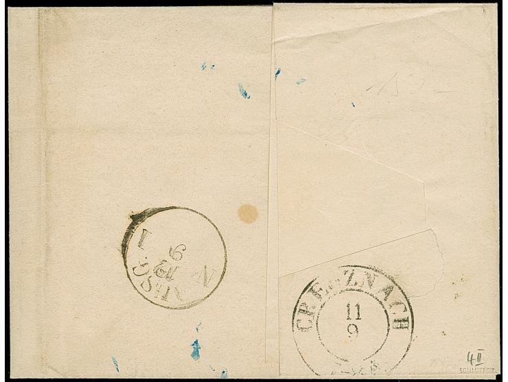 6 Kr. braun, allseits breitrandig, mit klarem gMR "325" auf Briefhülle mit nebengesetztem Halbkreis "SPEYER 10/9" (1852) und 