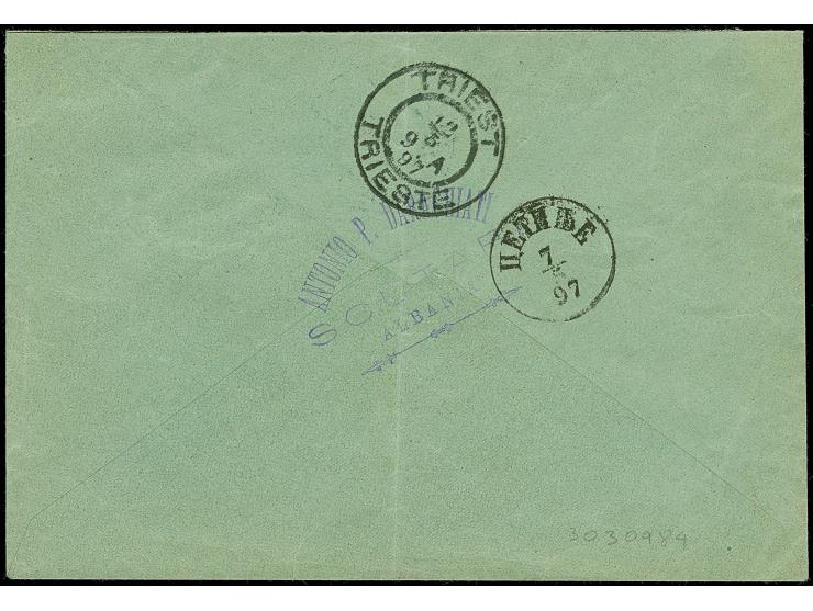 1893, Prince Nikola I. 5 nkr. rose-red tied by cds. “RUMA 6.5.” to cover with violet octagon ship mark “STEAMER DANNITZA POST