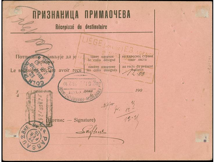 1907, Prince Nikola I. 50 pa. violet, two single stamps tied by cds. “PODGORITZA 22.II.1900” to complete parcel card via Pass
