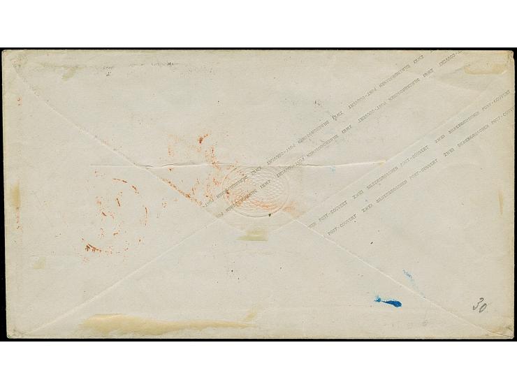 3 Sgr. orange, voll- bis breitrandig und farbfrisch, als Zufrankatur auf Ganzsachenumschlag 2 Sgr. blau, mit übergehendem Ra2