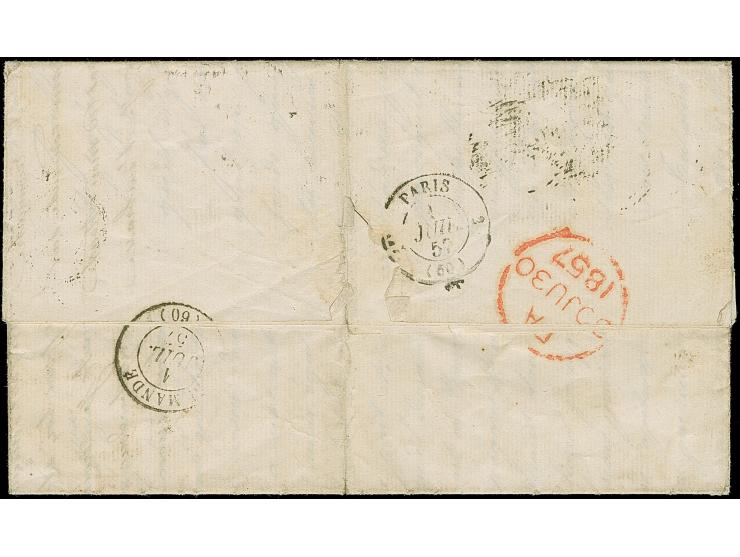 1855, 2nd London printing 5 c. red-brown on blued paper, touched at left, otherwise clear to large margins, tied by target to