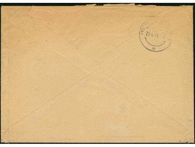 1949, Rotaufdruck 80 Pfg. im senkrechten Paar und Einzelmarke 20 Pfg. &nbsp;je mit Stempel “BERLIN N20 27.4.49” als portogere