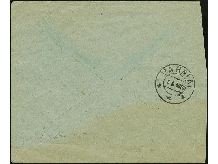 1920, Telsiai Postmaster Issue 30 skatiku, tied by cds. "TELSIAI 14.1.20" to cover to Varniai with arrival mark, the envelope