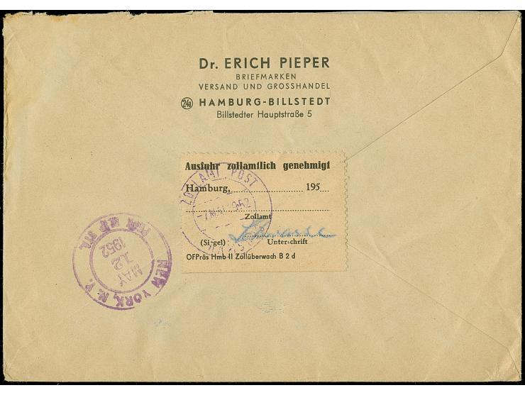 1948, Bauten 60 Pfg. im senkrechten 4er-Streifen und Einzelmarke je mit Handrollstempel “HAMBURG 36 10.5.52” als portogerecht