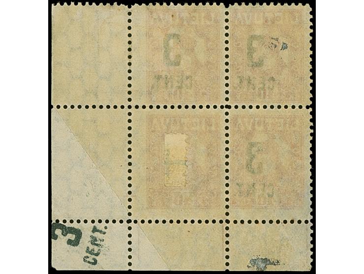 1922, New Currency surcharge 3 cent on 40 skatiku, block of four from the lower right sheet corner, the lower right stamp, du