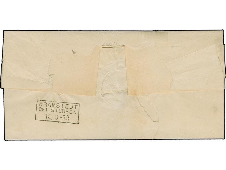 1 Gr. karmin mit Plattenfehler “Rahmen links neben TS in DEUTSCHE gebrochen” und klarem NDP EKr. “SANDSTEDT 15.6.72” auf dopp