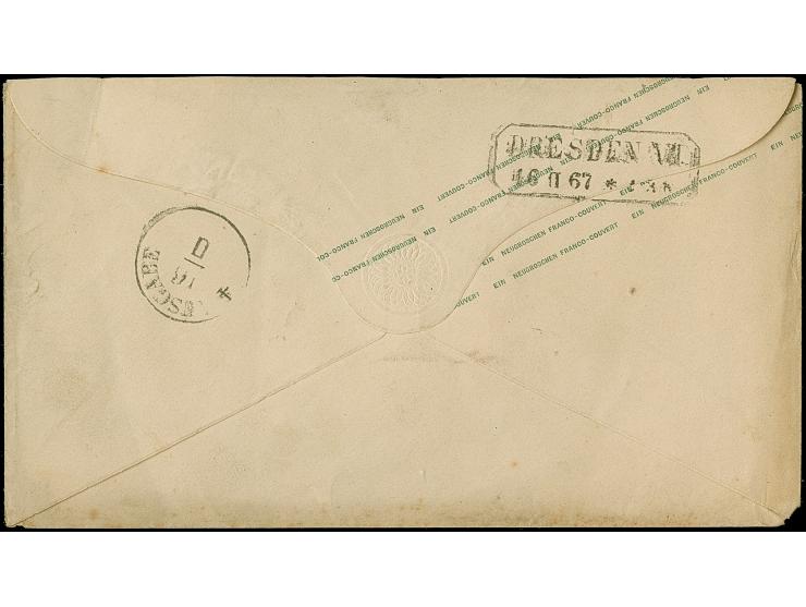 "218" auf Umschlag Wappen 1 Ngr. rosa, mit sauber nebengesetztem DKr. "HERMSDORF b. DRESDEN 16 FEB. 67" nach Mittweida. Gerin