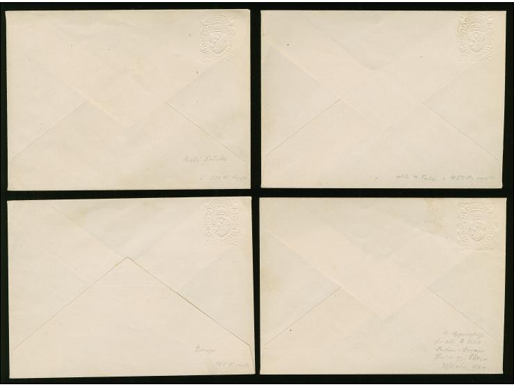 3 Ngr.-Essay-Umschläge der Fa. Bartsch &amp;amp; Dankert in Leipzig in den Farben rotviolett, blaugrau, hellgrün und gelb, di