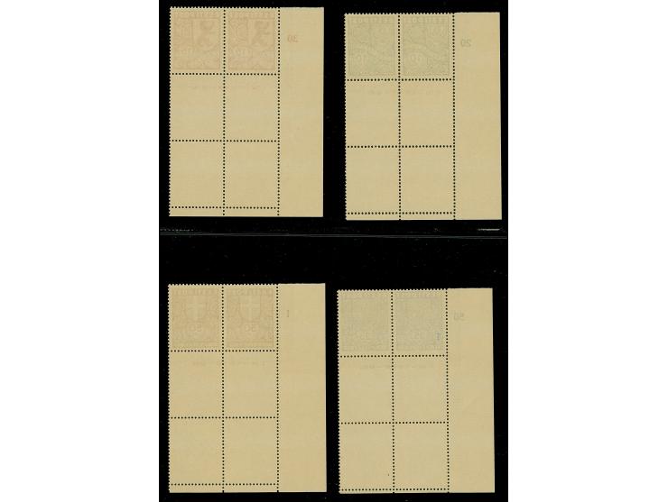 1939, Caritas 10-50 senti, blocks of four from the lower right sheet corner with printing Dates in the margin and additional 
