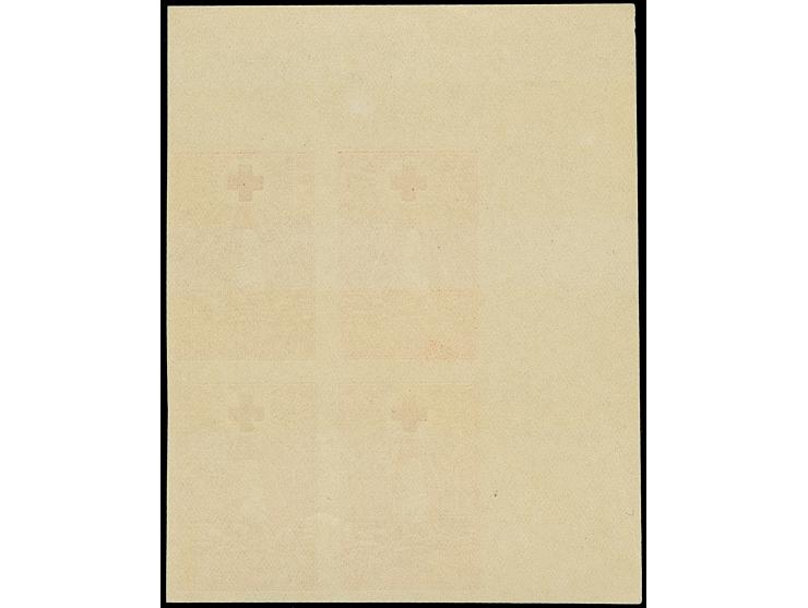 1931, Red Cross 5 senti, imperforated proof, block of four from the upper left sheet corner, mint never hinged, fine (Hurt/Oj