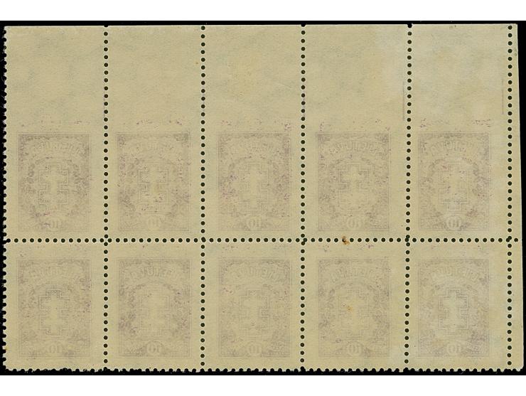 1926/27, Warrior Cross 10 centu violett, block of 10 from the upper left sheet corner, upper row all stamps imperforated at t