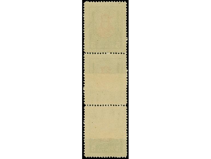 1930 Grand Duke Vytautas 5 centu, vertical strip of three, the bottom two stamps with “double paper” variety, mint never hing