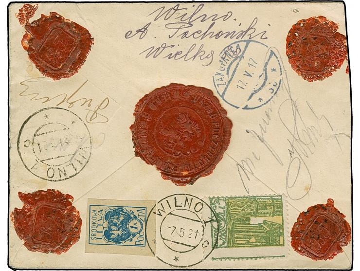 1920, Coat of Arms overprint issue 4 marka on 30 sk. brown, for stamps added as block of four, with additional franking, tied