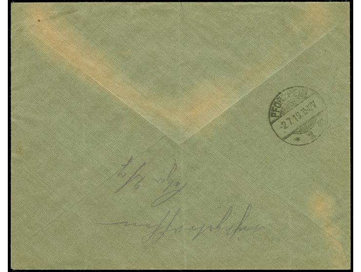 1919, Second Kaunas Issue 40 skatiku, horizontal pair, together with Fourth Berlin Issue 20 skatiku blue, tied by cds. “KAUNA