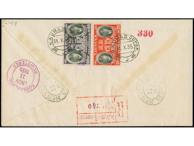 1935, Vaitkus 40 centu tied by cds "KAUNAS centr. 31.X.35" to registered cover with additional Lithuania and USA franking, wi
