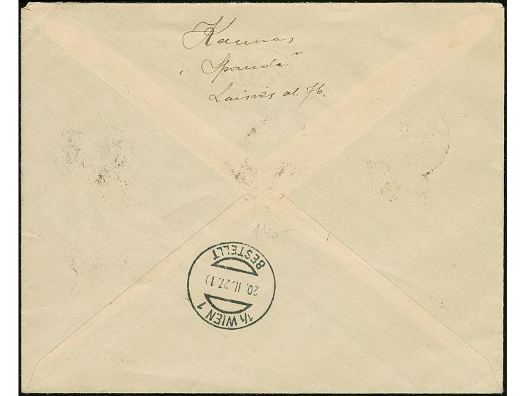 1924, War Invalids +1 on 2+2 centu - +30 on 1+1 litas, tied by cds. “KAUNAS 17.II.27” to registered express cover to Vienna w