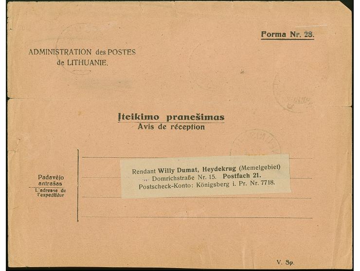 1926, War orphans + 2 on 5 centu green, horizontal pair together with Basanavicius 15 centu, tied by cds. "SILUTE -8.IV.27" t