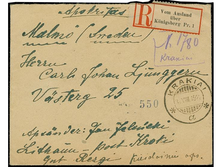 KRAKIAI: 1921, Kestutis 1 auksinas, horizontal pair, together with additional franking, tied by cds. “KRAKIAI 31.VIII.1922” t