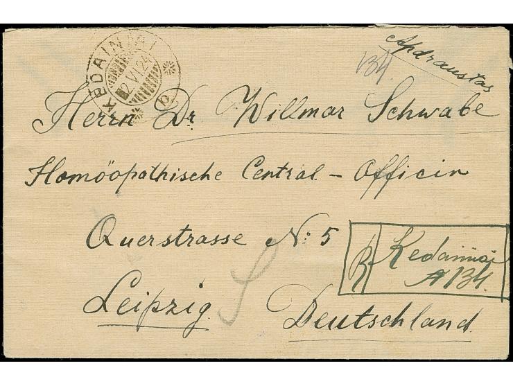 KEDAINIAI: 1921, Kaunas Castle Ruins 50 centu green, tied by cds. “KEDAINIAI 2.VI.24” to reverse of registered cover with han