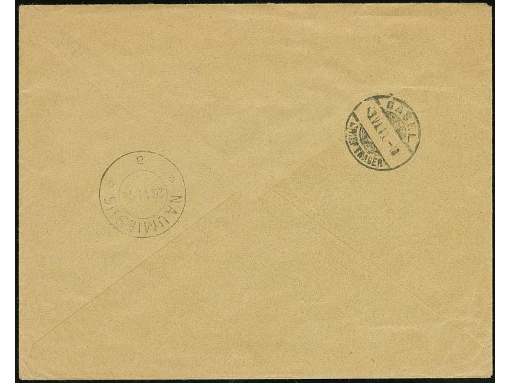 SAKIAI: 1919, First Berlin Issue 10 skatiku carmine on blue-gray, two singles, with additional franking, tied by straight-lin