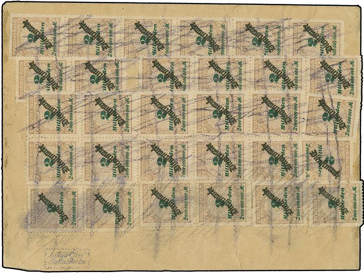 1923, Schlangenaufdruck 2 Mrd. M., 40 Stück in Einheiten und Einzelmarken vorder- und rückseitig als tarifgerechte Mehrfachfr