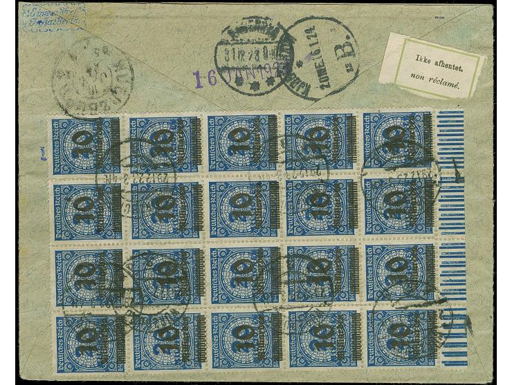 1923, 10 Mrd. auf 20 Mio. M. im senkrechten 20er-Block mit Walzedruck-Unterrand in Mischfrankatur mit Rentenpfennig 20 Pfg. j