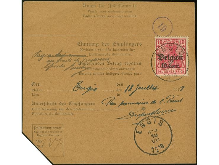 1916, Germania 50 Centimes auf 40 Pfennig mit Stempel “BORGWORM 16.7.18” auf Nachnahmepostanweisung über “357,16” nach Engis,
