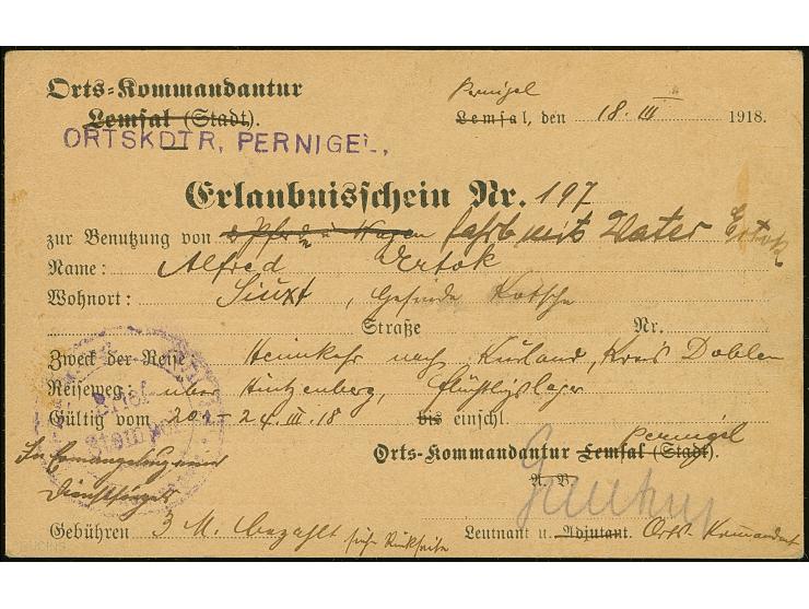 ERLAUBNISSCHEIN: Pernigel, 1918, russische Ganzsachenkarte 3 K. mit handschriftlichem Zusatz "Nachtausweis" sowie gedruckten 