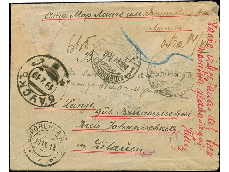 1916, Germania 5, 15 und 20 Pfennig mit Stempel "BAUSK 26.10.18" auf R-Brief nach Russland mit vorderseitiger Zensur über "MO