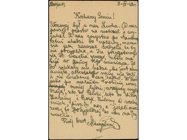 "Dorpat", kleiner violetter Notstempel-L1 als Entwerter auf bedarfsgebrauchter Ganzsachenkarte 7½ Pfennig (datiert vom 9.4.19
