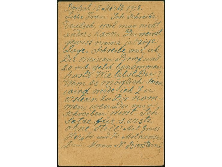 1918, Ganzsachenkarte 20 Pfennig auf 5 Kopeken, sauber mit L1 “DORPAT” ach Pleskau, leichte Beförderungsspuren