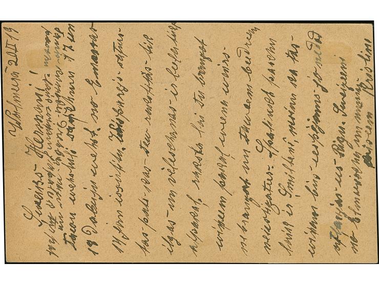 "ВОЛЬМАРЬ 21.2.19" (WOLMAR) klar auf Ganzsachenkarte 10 Pfennig nach Riga mit handschriftlichem Vermerk "Konditorei geschloss