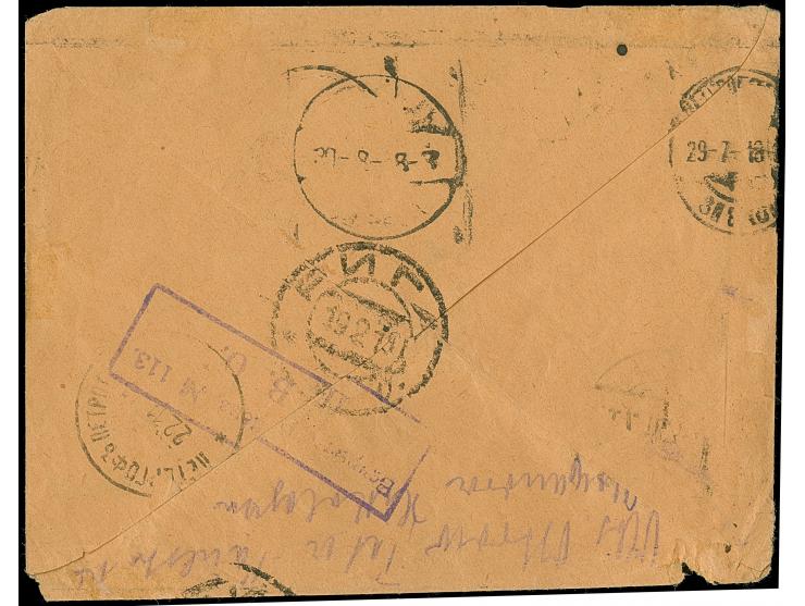 Germania 15 Pfennig mit Stempel "RIGA 13.7.18" auf Brief an einen Kriegsgefangenen in Peterhof im nicht existierenden "Pawels