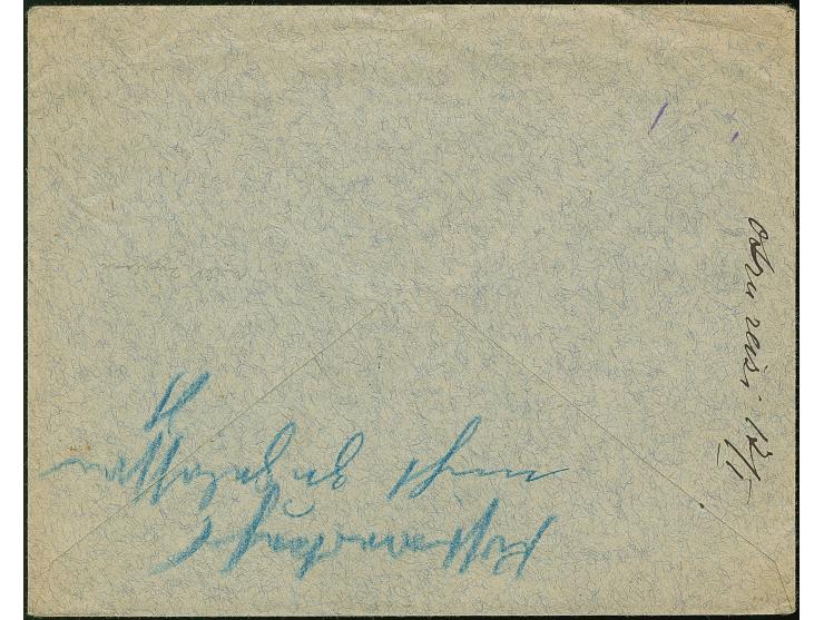 Germania 20 Pfennig blau, senkrechtes Paar, mit Stempel “RIGA 23.10.18” auf R-Brief, mit vorder- bzw. rückseitigem L1 “Zurück