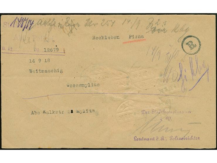 1916, Germania 1 Mark rot mit Zufrankatur mit Stempel “RIGA 14.9.18” rückseitig auf provisorischem Formular für ein Telegramm