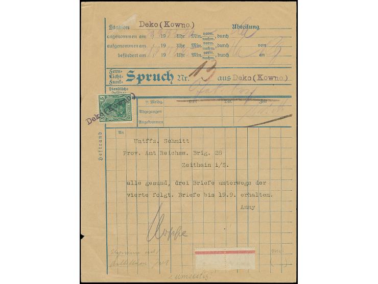 TELEGRAMM: Germania 10 Pfennig, senkrechter Fünfer- bzw. Oberrand-Viererstreifen zusammen mit Germania 5 Pfennig Einzelwert, 