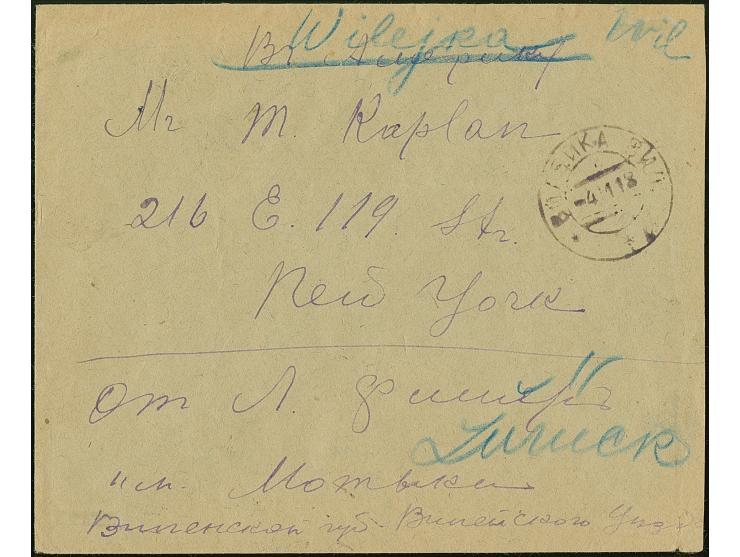 1918, Gebührenmarke 60 Pfennig und Germania 20 Pfennig blau mit violettem Stempel "WILJEKA -4 11 18" auf Briefkuvert adressie