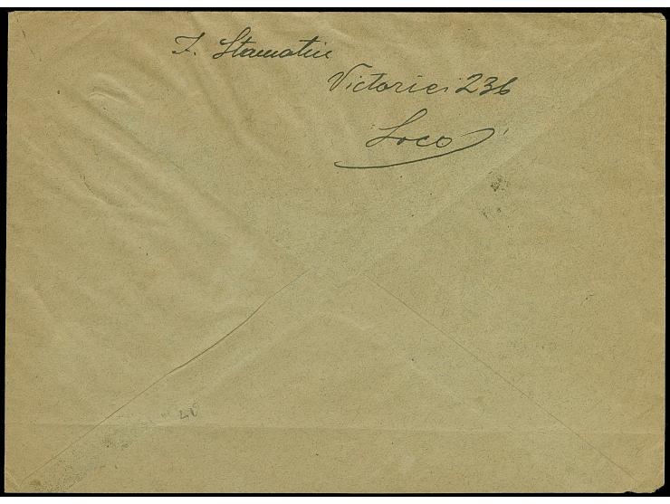 1917, 10 Bani graubraun, waagerechter Dreierstreifen mit Zufrankatur Germania 20 Pfennig blau mit Stempel “BUKAREST 23 NOV 91