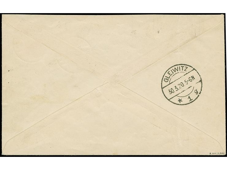 1920, 10 Pfennig auf 20 Pfennig dunkelgraublau, ungezähnt, zusammen mit Zufrankatur mit Stempel “OPPELN 30.3.20” auf R-Brief 